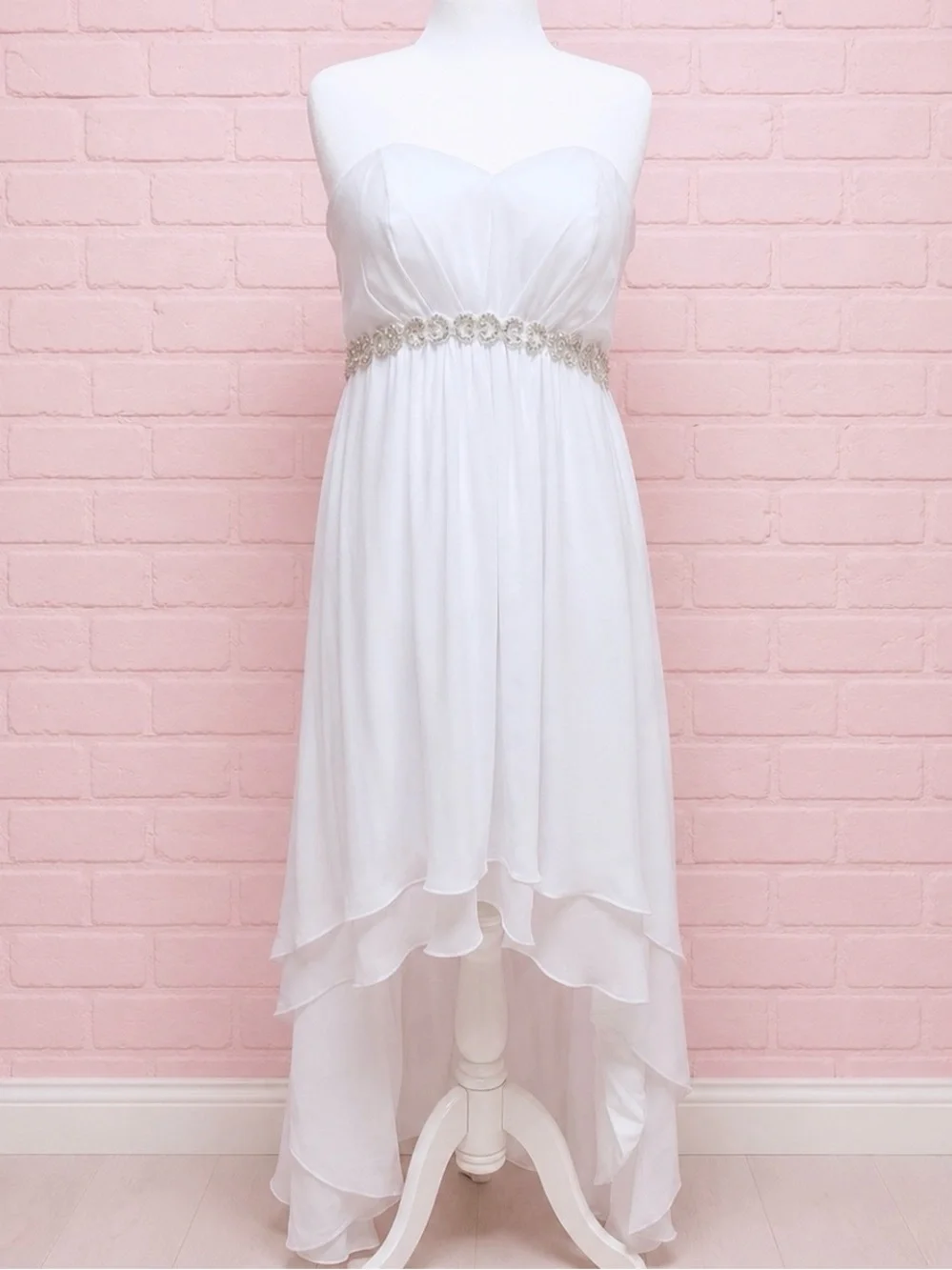Eumi Strapless White High-Low Bridal Dress with Beaded Waist